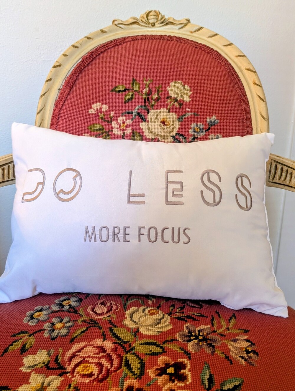 Inspirational pillow, DO LESS, FOCUS MORE, white, simple, lovely